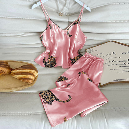(S-XL) DNL pajamas leopard print suspender trousers suit imitated silk pajamas suit