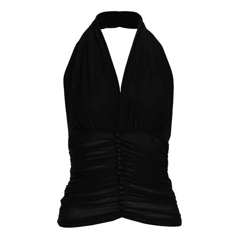 SXR summer V-neck halter camisole mesh pleats top