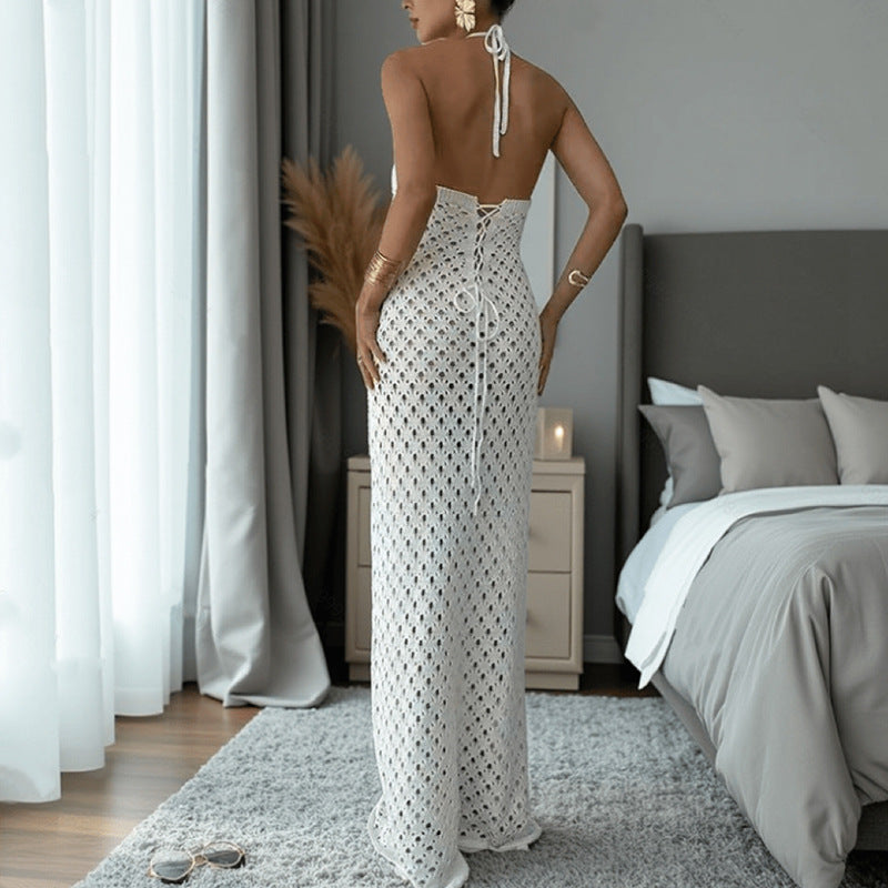 CYB knitted dress sleeveless backless lace up beach sheath dress