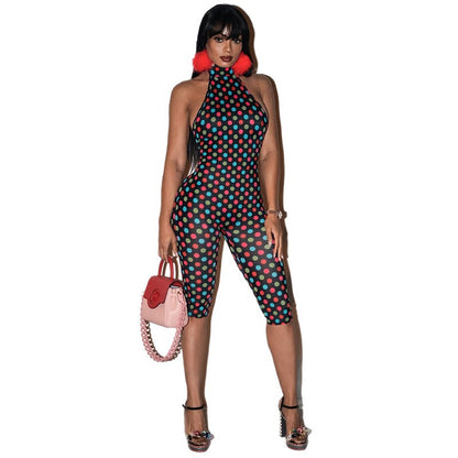 DZHT J26JP114 spring/summer backless halter lace-up polka dots printed one-piece cropped pants