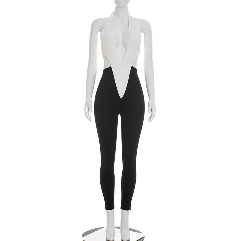 DZHT J26JP099 color block deep V halter lace-up one-piece trousers