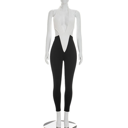 DZHT J26JP099 color block deep V halter lace-up one-piece trousers