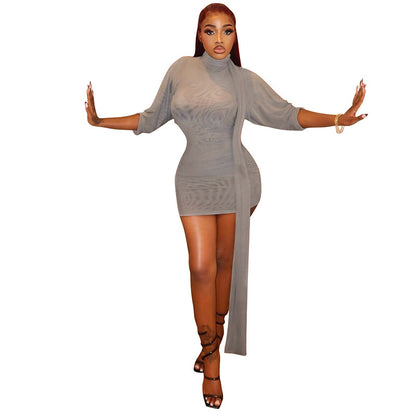 DZHT D26DS025 mesh turtleneck ribbon Raglan mid-sleeve skinny sheath dress