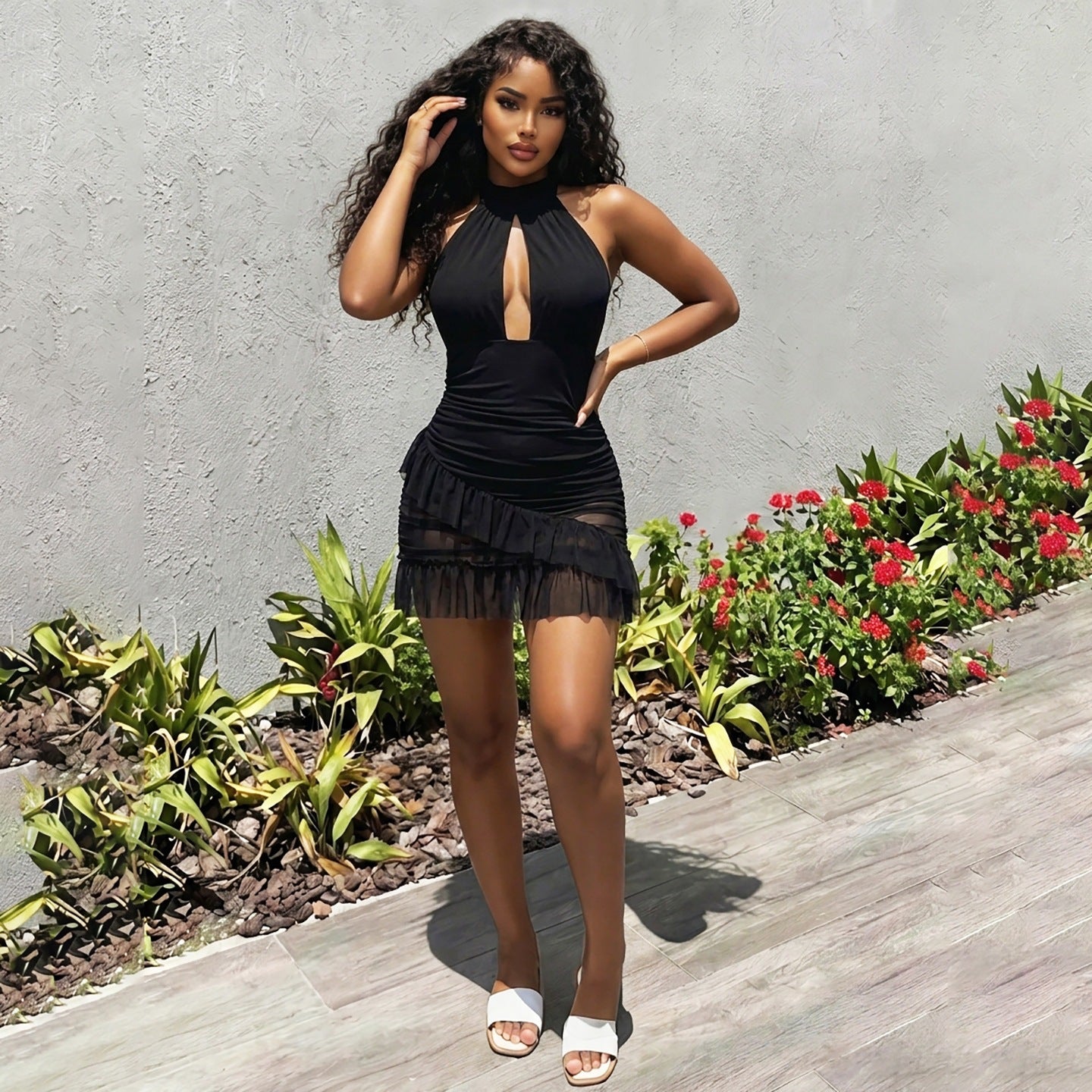 DLS summer halter backless hollow out see-through ruffled sheath dress