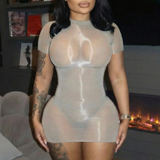 DZHT Y26DS074 tight see-through short sleeve dress