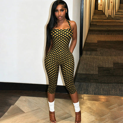 DZHT J26JP214 fashion halter backless skinny print one-piece cropped pants