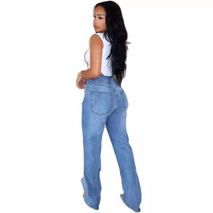 MZ (S-2XL) MZ88586 ripped pearl chain decorative jeans