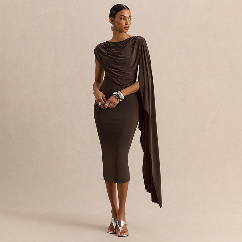 DZHT Q26DS066 solid color slim-fit ribbon sleeveless irregular swing collar dress