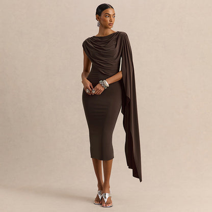 DZHT Q26DS066 solid color slim-fit ribbon sleeveless irregular swing collar dress