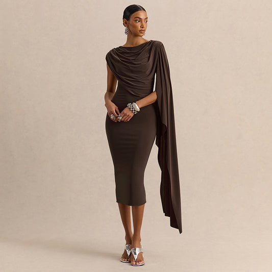 DZHT Q26DS066 solid color slim-fit ribbon sleeveless irregular swing collar dress