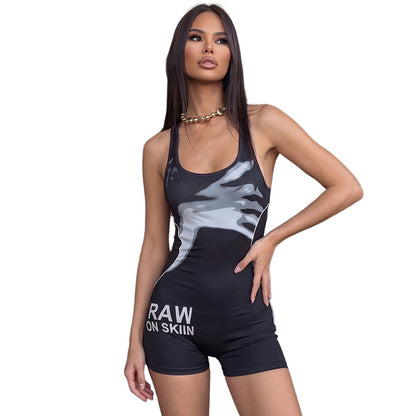SXR K6Q11886A printed big U-neck slim shorts jumpsuit