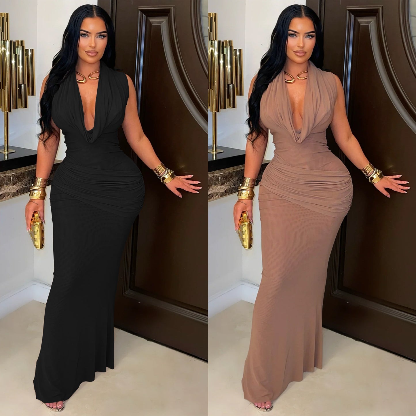 XYZ C7555 sleeveless pleated V-neck low cut dress