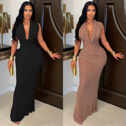 XYZ C7555 sleeveless pleated V-neck low cut dress