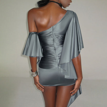 SXR K6D06712A ruffled sexy diagonal collar off-the-shoulder slim sheath dress