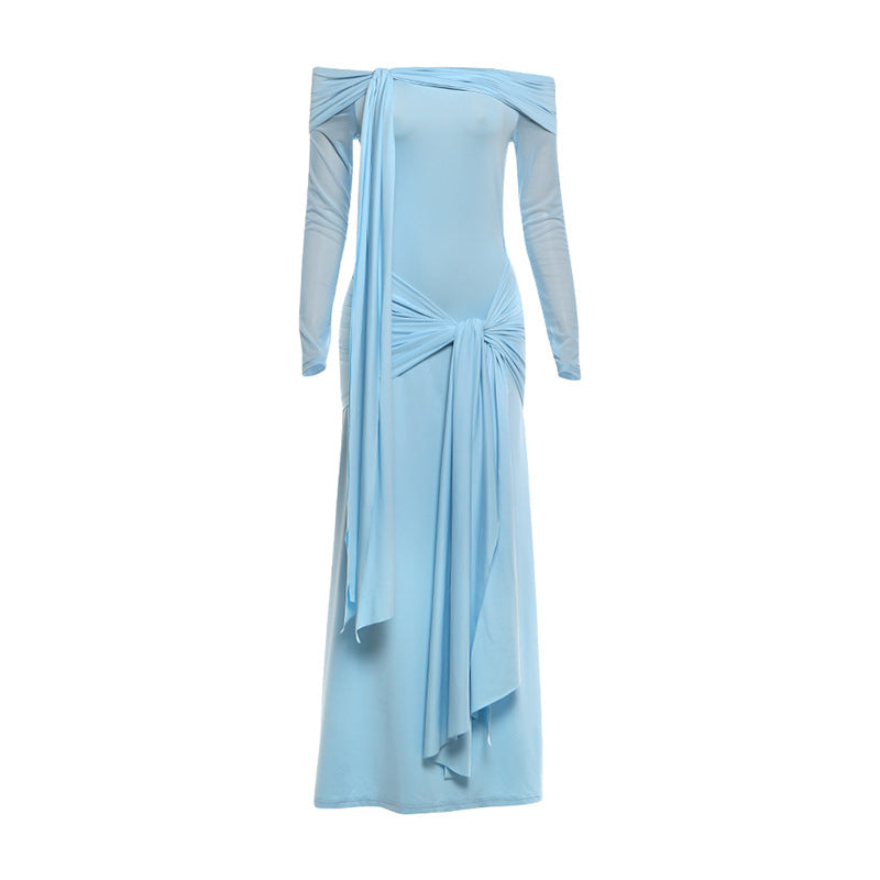 DLS Spring 2026 temperament long sleeve sexy off-the-shoulder slim-fit lace up dress