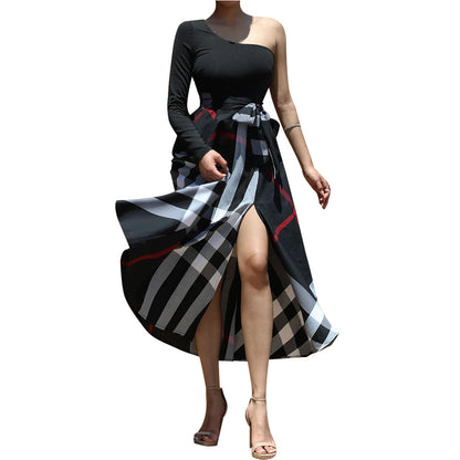 MYF (S-2XL) K10635 autumn and winter one-shoulder floral print slit dress
