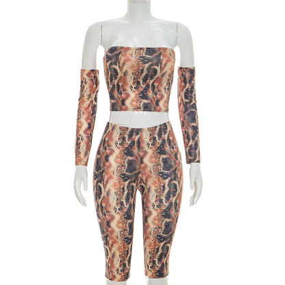 DZHT D26ST206 blooming python print tube top oversleeve tight cropped pants three-piece set