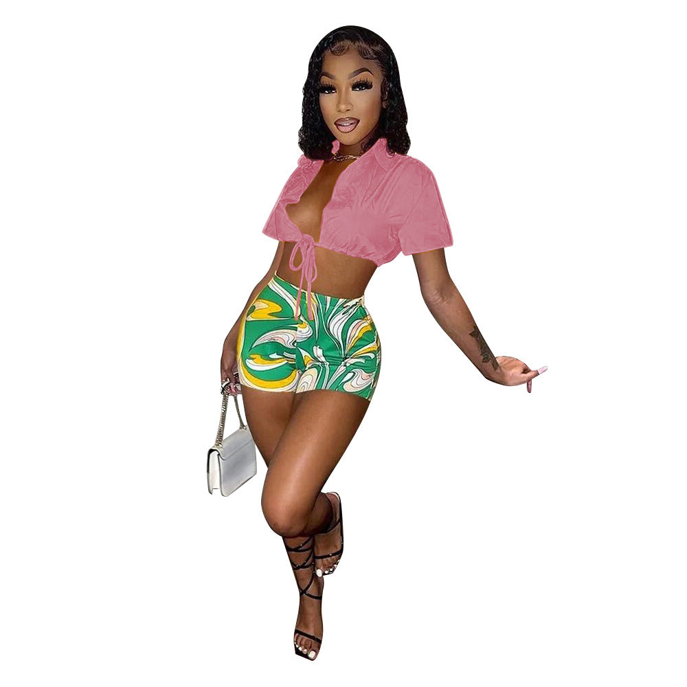 MZ (S-2XL) F88443 shirt lace-up shorts printed sports suit