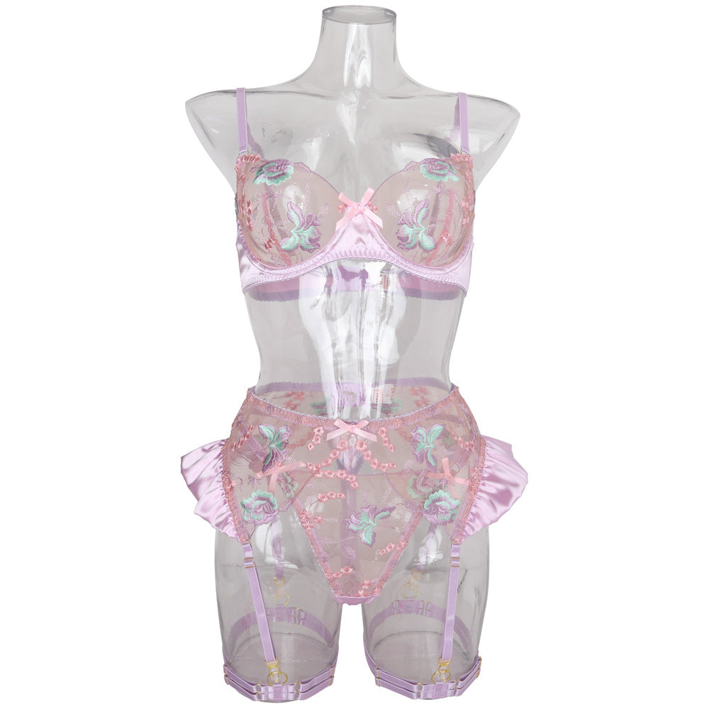 Embroidered flower bow tie stitching satin sexy lingerie four-piece set