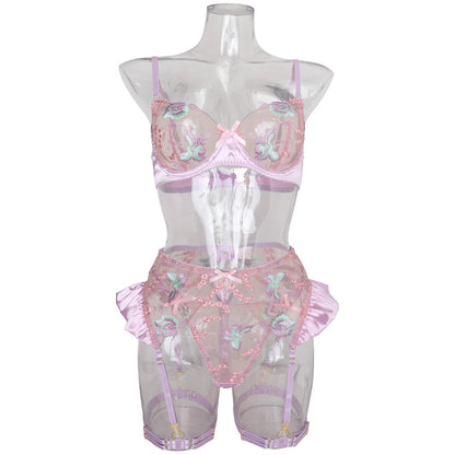 Embroidered flower bow tie stitching satin sexy lingerie four-piece set