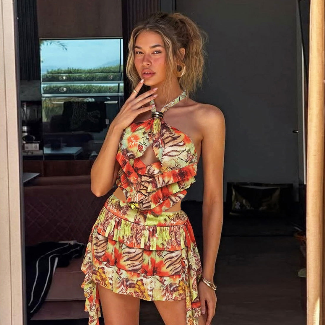 SXR summer halter lace-up backless skirt printed dress