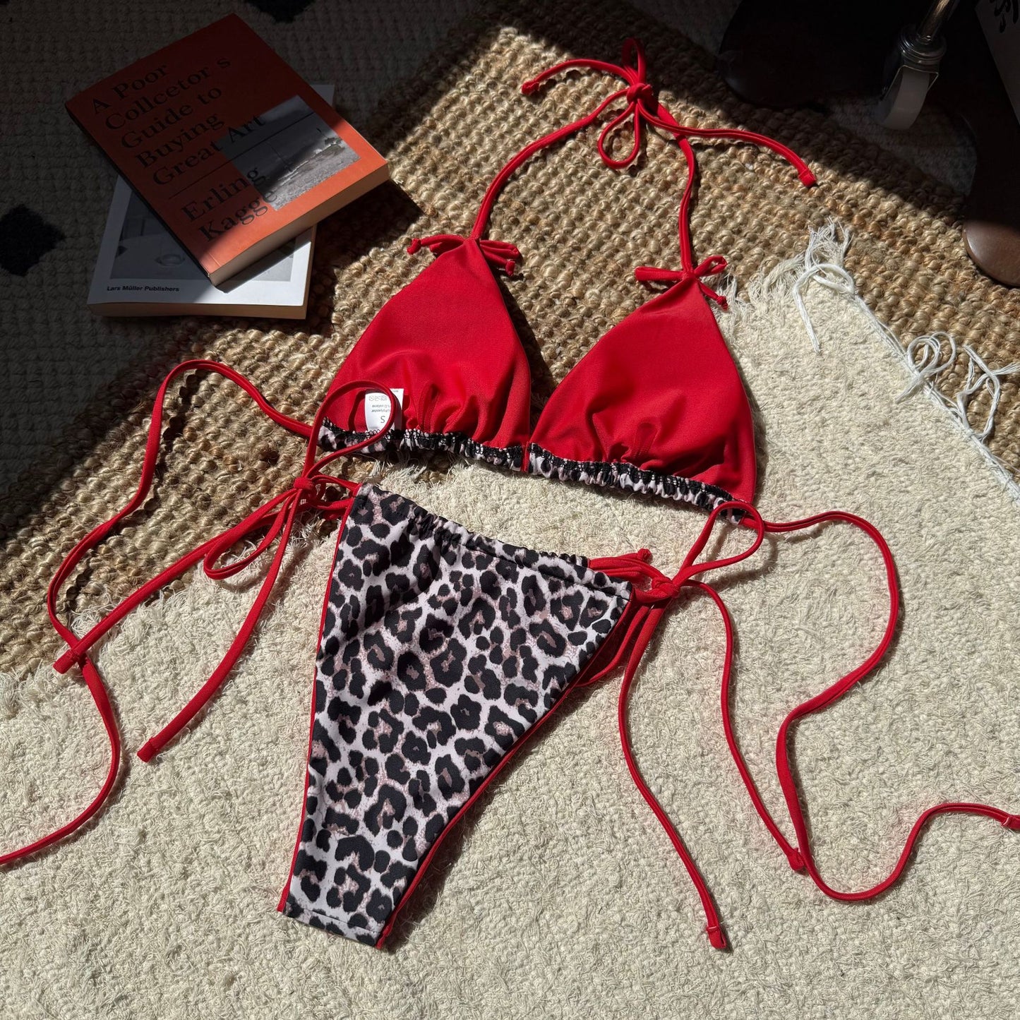 (4 days ready to ship) SY lace-up leopard print color block split swimsuit bikini