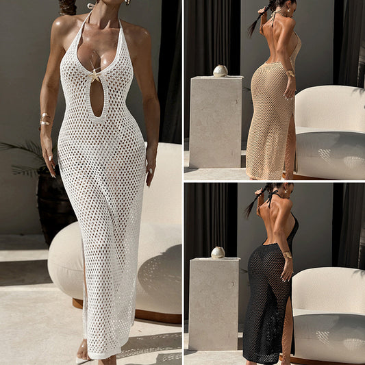CYB V-neck fitted waist backless knitted dress halter strap XINGX metal side slit hip skirt