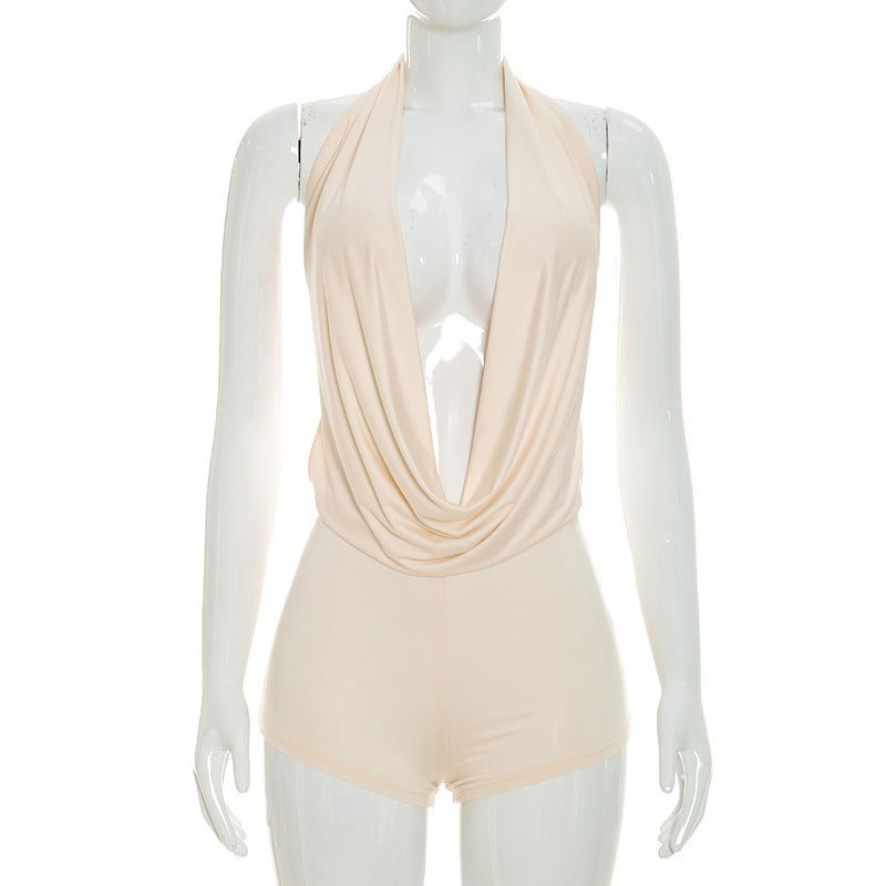 DZHT D26RP210 fashion halter swing collar bare back sleeveless one-piece shorts