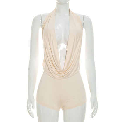 DZHT D26RP210 fashion halter swing collar bare back sleeveless one-piece shorts