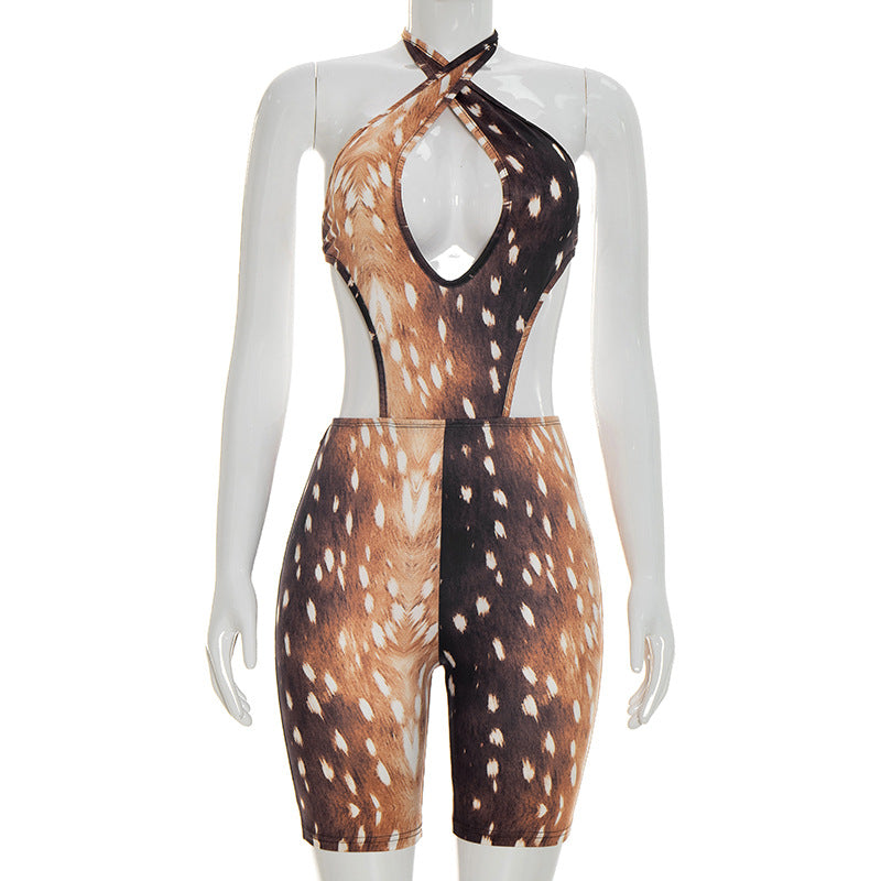 DZHT J26RP105 spring and summer deer printed halter strap bare back jumpsuit