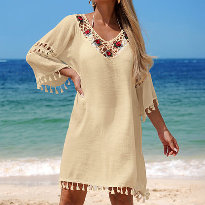 CYB V-neck tassel beach dress rose embellished hand crocheting patchwork loose blouse