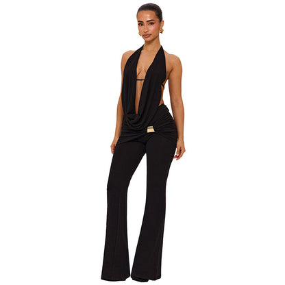 DZHT D25ST556 halter swing collar backless rope top metal buckle bootcut pants two-piece suit