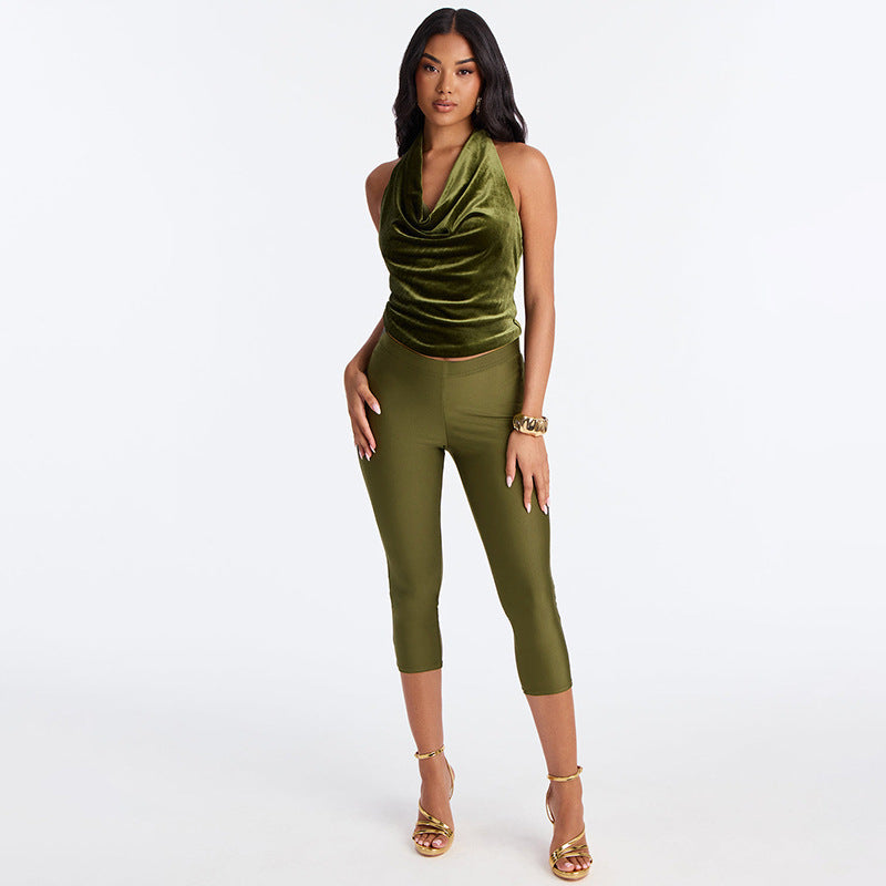 DZHT D26PT060 glossy silky simple and tight casual pants leggings