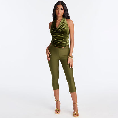 DZHT D26PT060 glossy silky simple and tight casual pants leggings