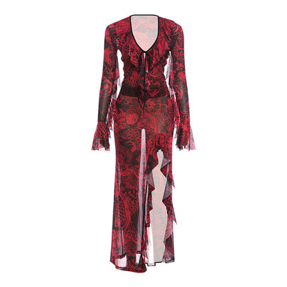 DLS Spring vintage lace bell sleeve sexy deep V-neck slightly transparent high slit skirt suit