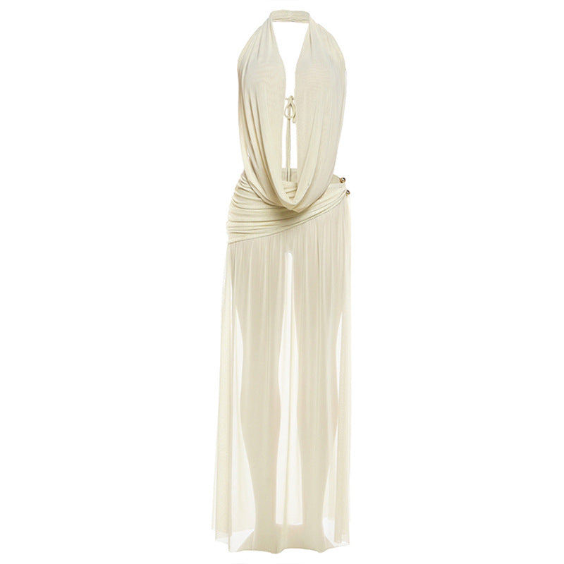 SXR 2026 spring halter deep V-neck backless top sexy high split long skirt suit