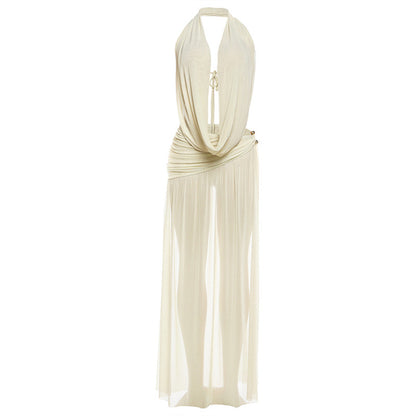 SXR 2026 spring halter deep V-neck backless top sexy high split long skirt suit