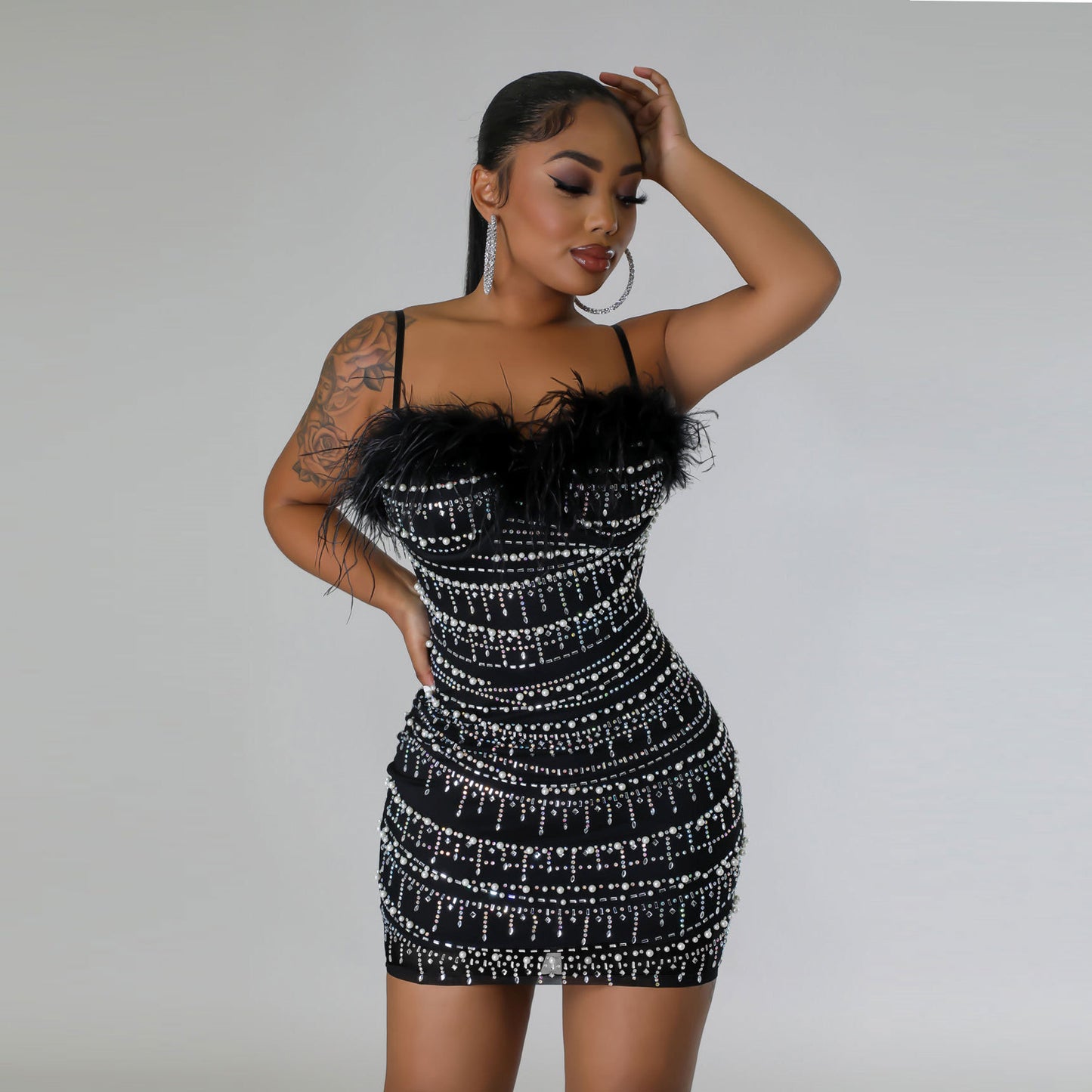 GY (S-3XL) K2922 rhinestone feather sling sheath pearl dress