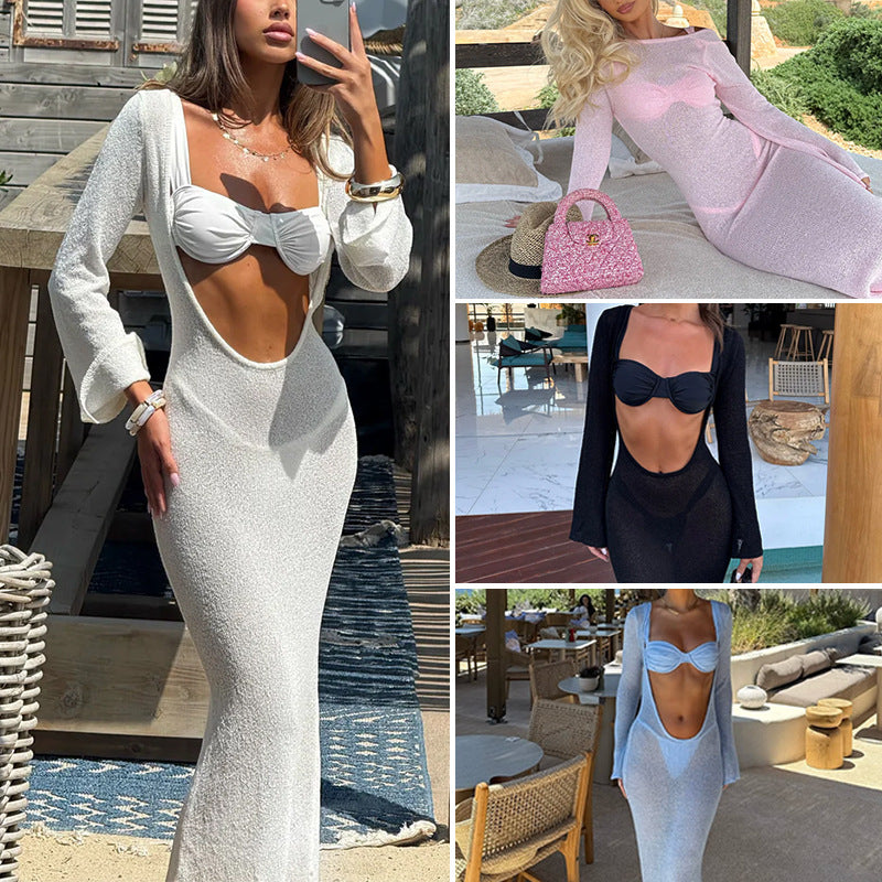 CYB INS beach dress see-through two-way long sleeve backless knitted long dress blouse