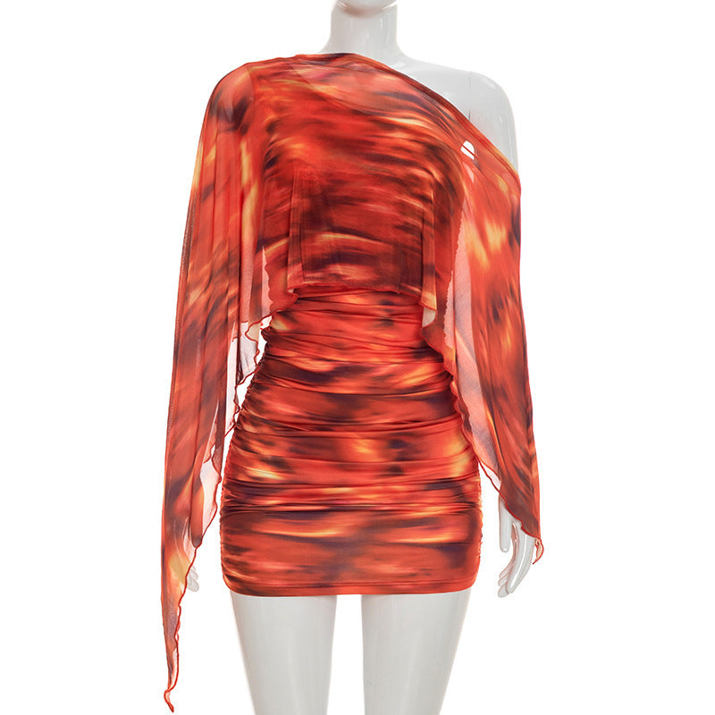 DZHT Q26DS032 fashionable printed asymmetric one-shoulder pleating sheath dress