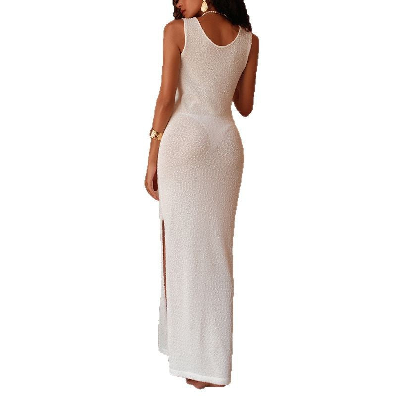 CYB side slit hot and spicy two-way dress spaghetti straps knitted beach cover-up