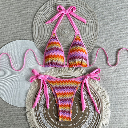 (4 days ready to ship) SY 2026 halter lace-up split bikini striped swimming
