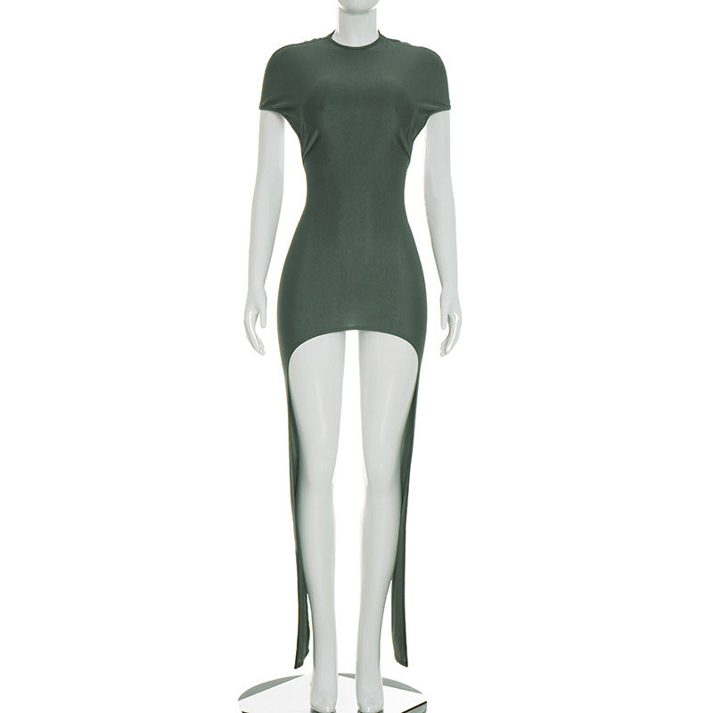 DZHT J26DS116 spring/summer fashion solid color back hollow ribbon round neck dress short skirt