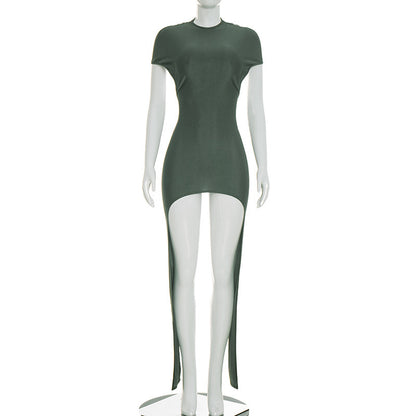 DZHT J26DS116 spring/summer fashion solid color back hollow ribbon round neck dress short skirt
