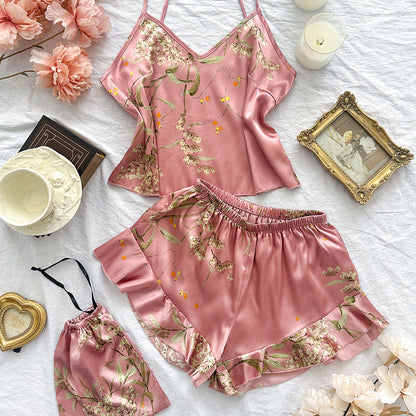 DNL spring imitated silk pajamas two-piece printed shorts suit suspender skirt