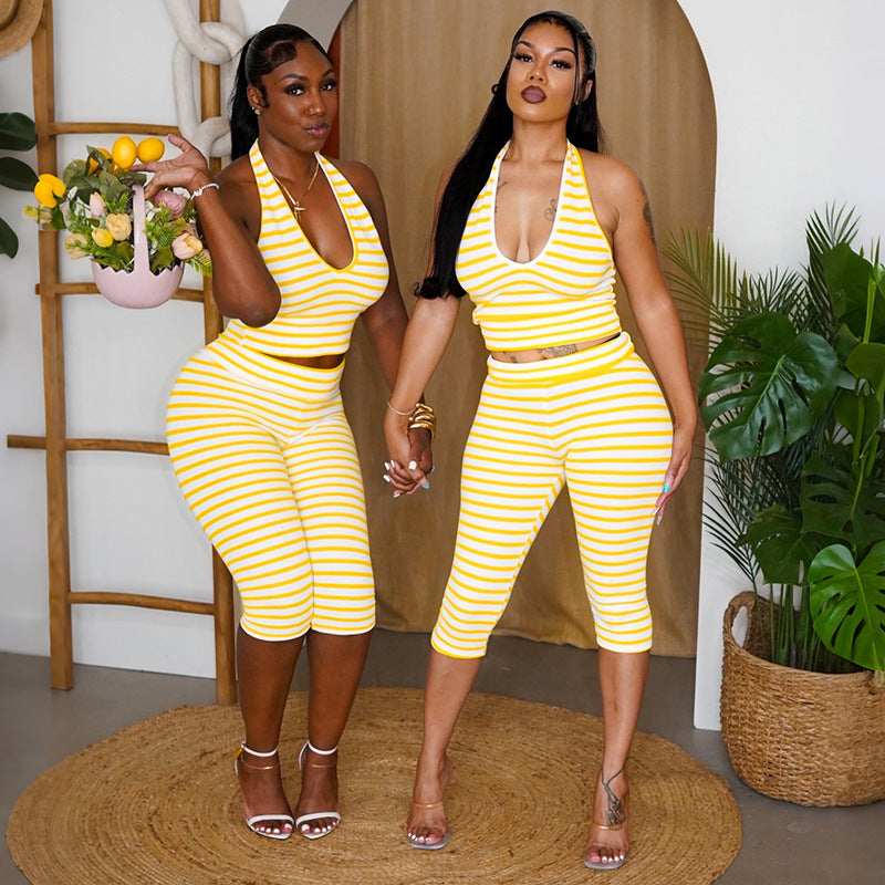 DZHT D26ST277 striped printed halterneck vest top high waist tight cropped pants two-piece set
