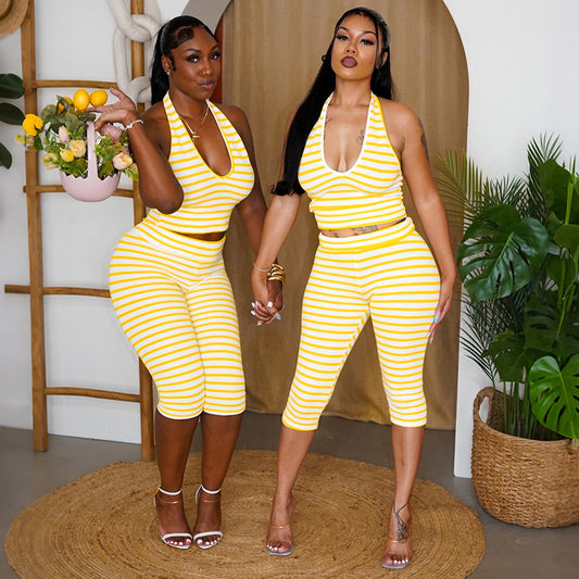 DZHT D26ST277 striped printed halterneck vest top high waist tight cropped pants two-piece set