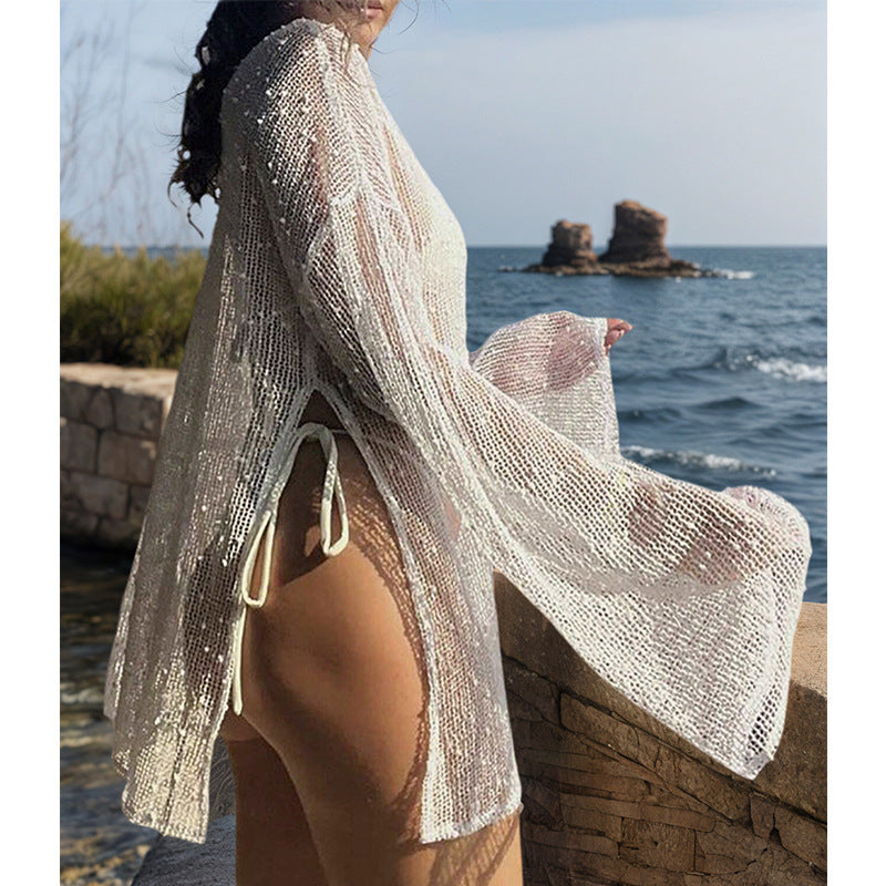 CYB side slit loose pullover knitting see-through beach sun protection bikini blouse