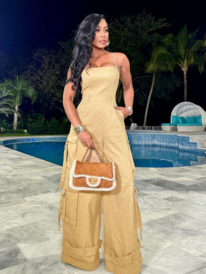 (S-2XL) ZSC tube top multi-pocket workwear jumpsuit wide leg jumpsuit