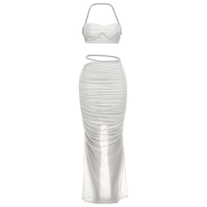 SXR autumn and winter Pearl decorative navel wrapped chest low waist hip-wrapped long skirt suit